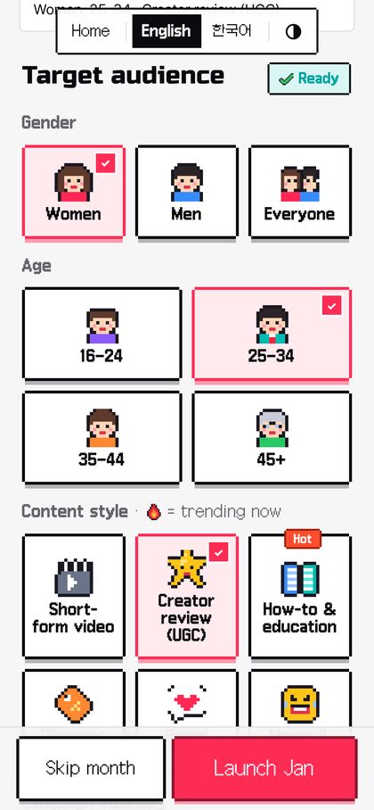 Target audience cards for gender, age and content style